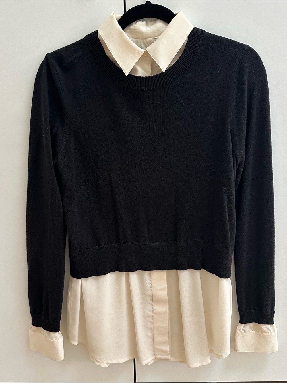 Layered Black Sweater with Cream Shirt Panel - SIZE SMALL